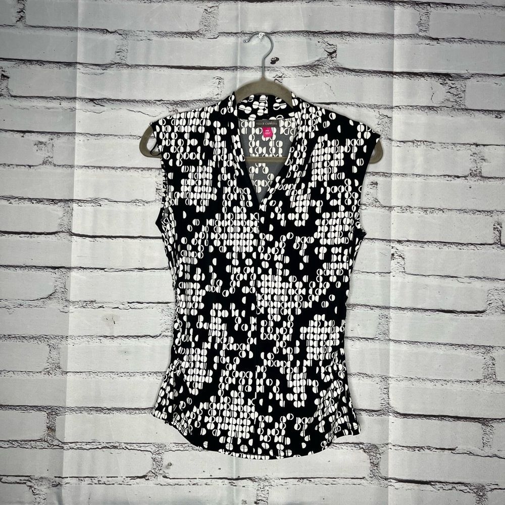 Vince Camuto Black + White Fitted Cap Sleeve Blouse Tank Top SZ Petite M V-Neck